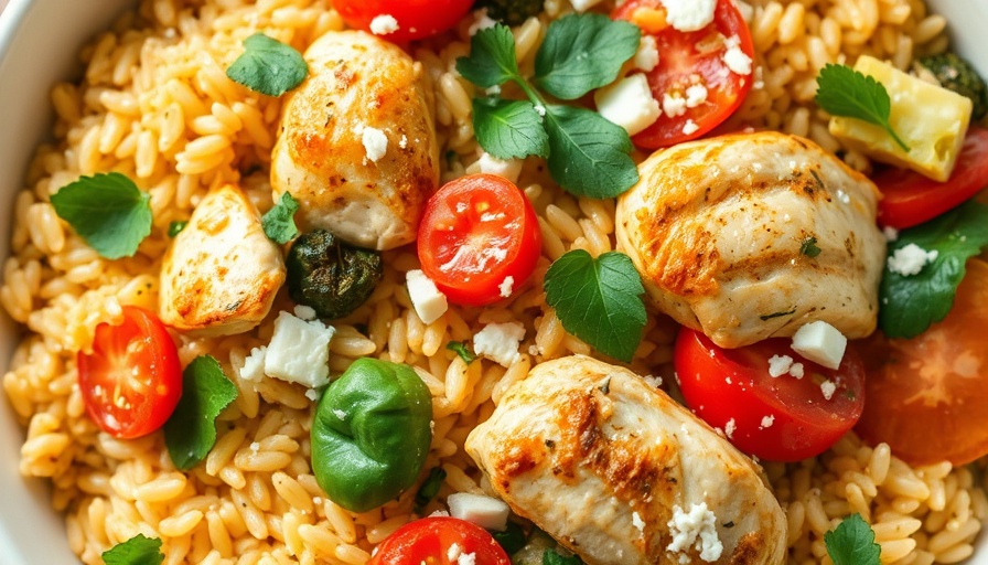 Greek Chicken Orzo Casserole with fresh tomatoes and herbs in a rustic dish.
