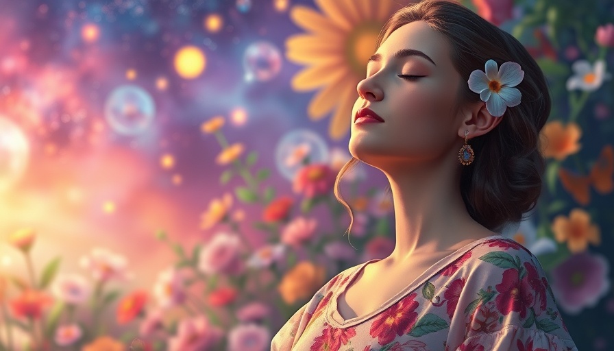 Meditative woman embracing healing body-mind connection in vibrant garden.