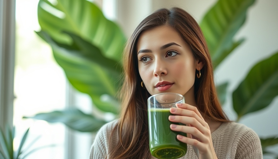 Young woman finds balance drinking smoothie while checking phone.