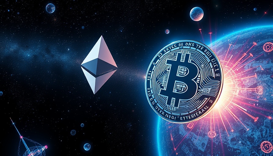 Ethereum and Bitcoin in space poster, futuristic digital theme.