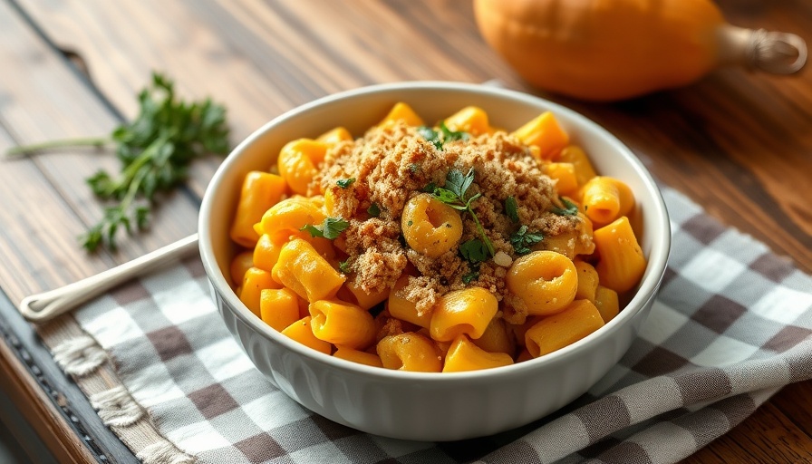 Butternut Squash Mac and Cheese with Protein Pasta served in a white bowl.