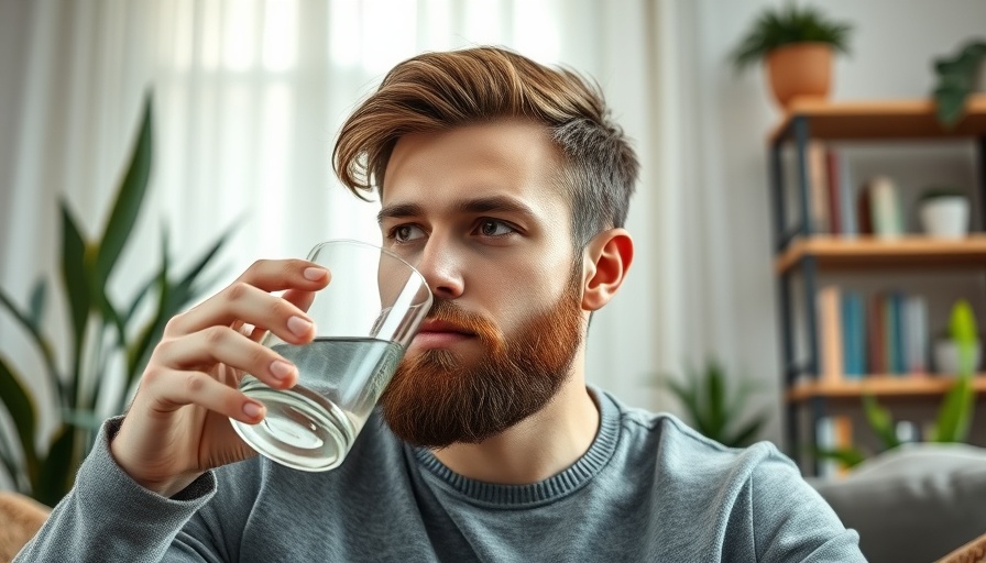 Young man drinking water on couch to avoid dehydration anxiety.
