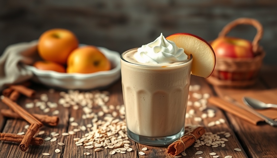 Apple pie protein smoothie with whipped cream and apple slice on rustic table.