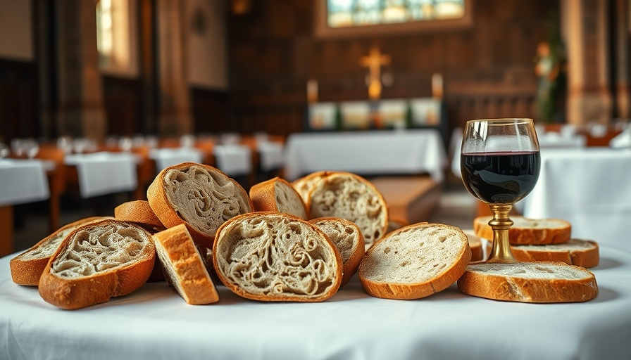 Gluten-free bread in communion service with bread pieces on tray.