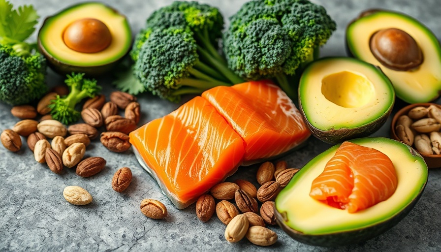 Assortment of foods that slow aging including salmon, avocado, nuts, and broccoli.