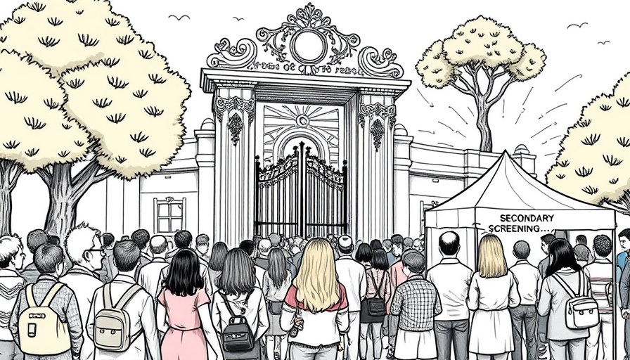 Cartoon of people at pearly gates for Heavenly Visa Program.