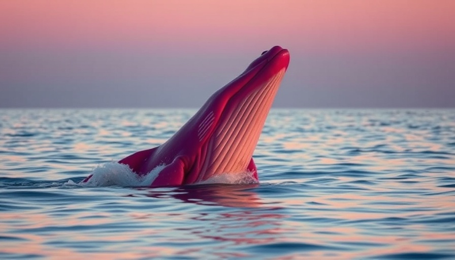 Vibrant pink whale breaching ocean at sunset.