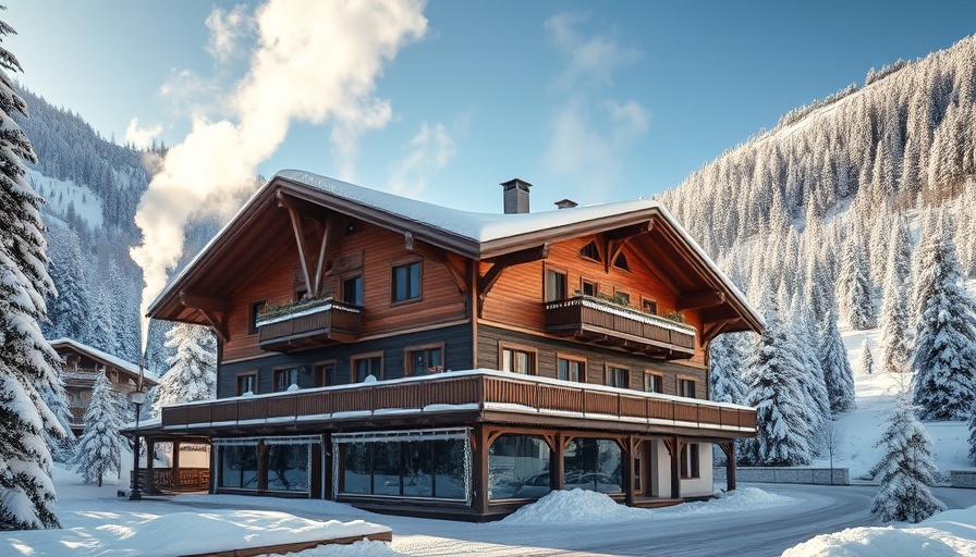 Picturesque nature hotel in snowy Austria with rising steam.