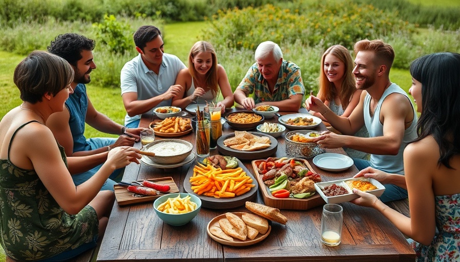 Group enjoying a diverse outdoor lunch, surrounded by food.