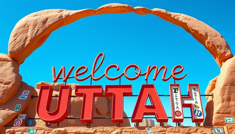 Welcome sign for Utah with red rocks and blue sky.