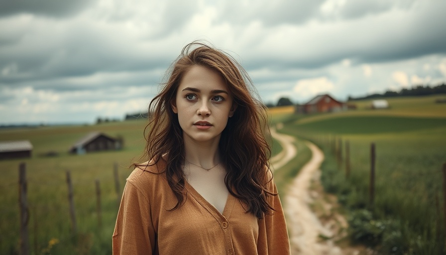 Young woman on rural path exploring ethical tourism.