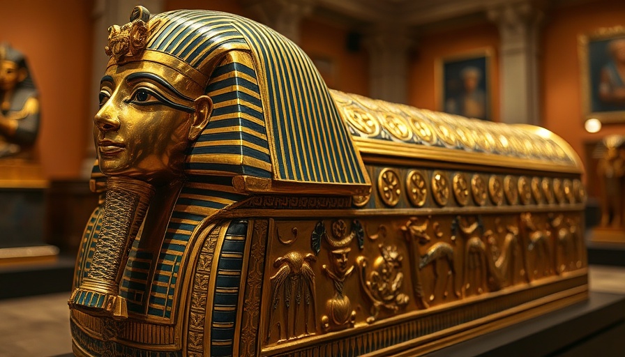 Golden Egyptian sarcophagus at Grand Egyptian Museum, enhancing sustainable tourism.