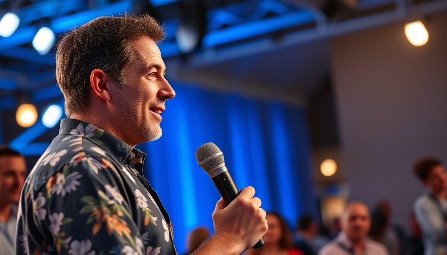Engaged speaker at media networking event, holding microphone.