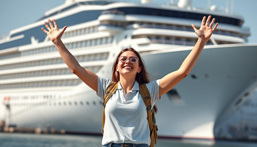Woman waving at cruise ship at European port.