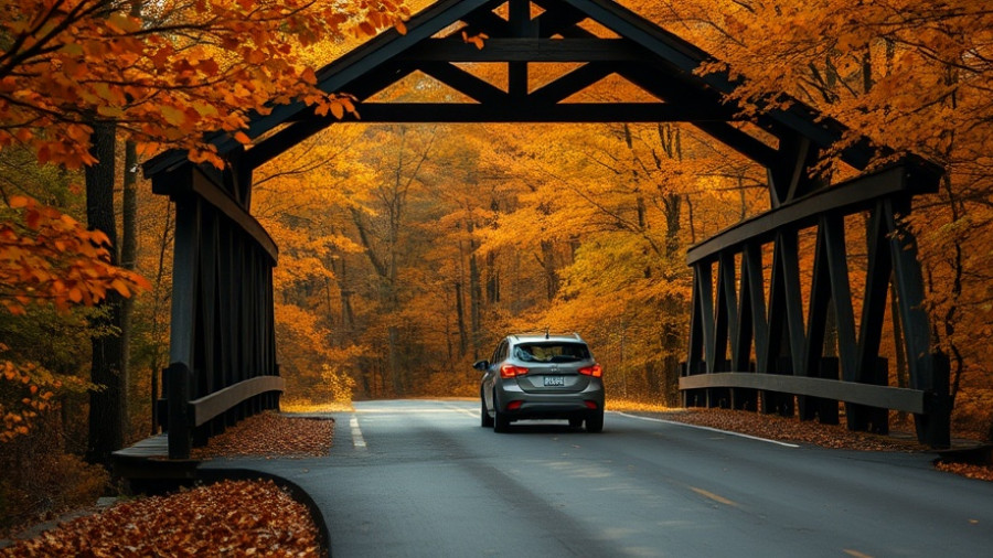 Charming autumnal drive through rustic bridge in U.S. national park.