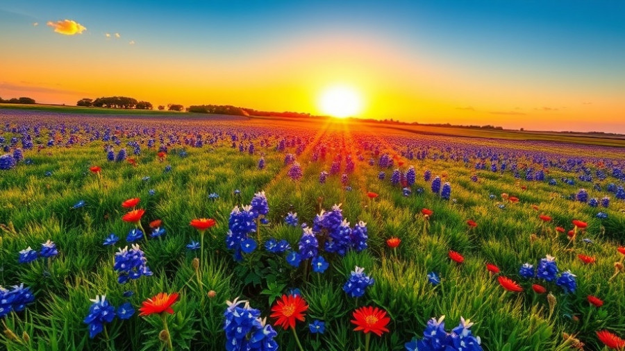 Lush Texas wildflower meadow at sunrise, eco-tourism in Texas scene.