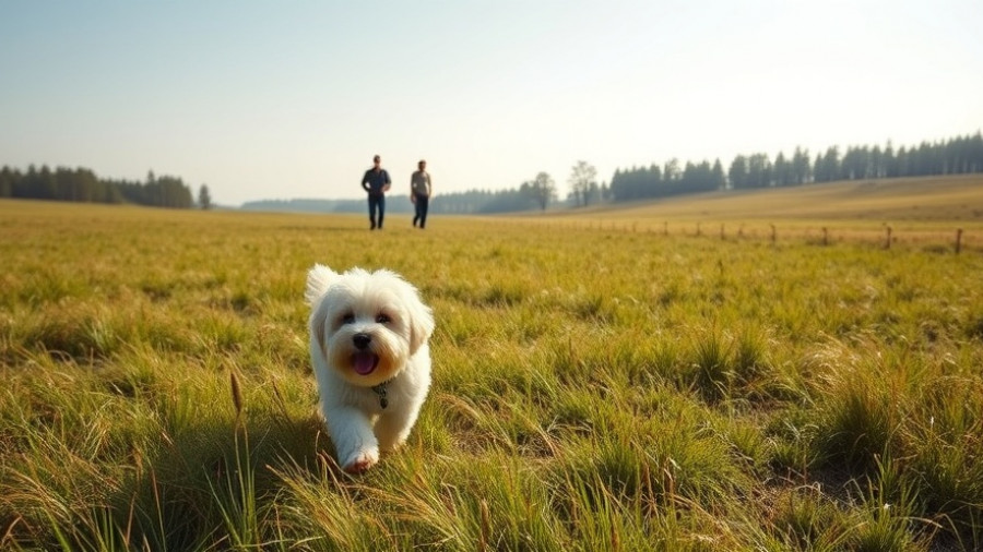 Couple walking with dog on grassy field, sustainable travel with your dog.