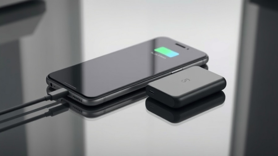 Sleek smartphone and power bank on reflective surface, fully charged.