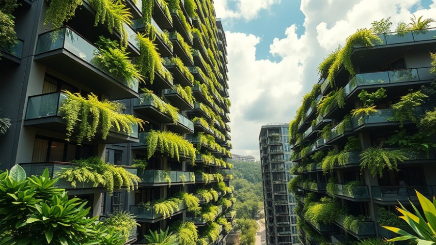 Modern eco-friendly apartment complex with greenery.