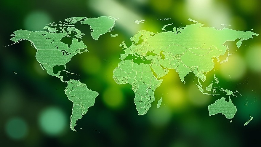 Abstract world map on gradient green background for sustainable travel promotion.