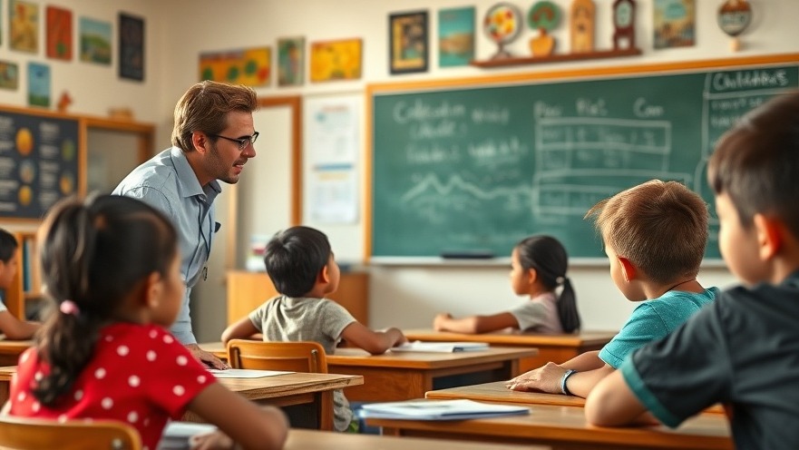 Engaged volunteer promotes sustainable travel by teaching local children in a colorful classroom.