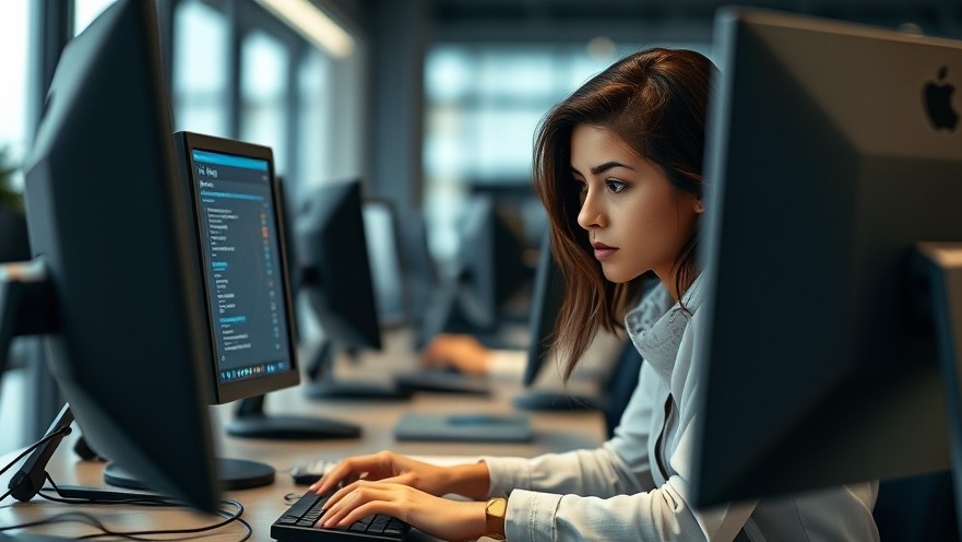 Focused young woman engaged in impact investment discussions via multiple screens.