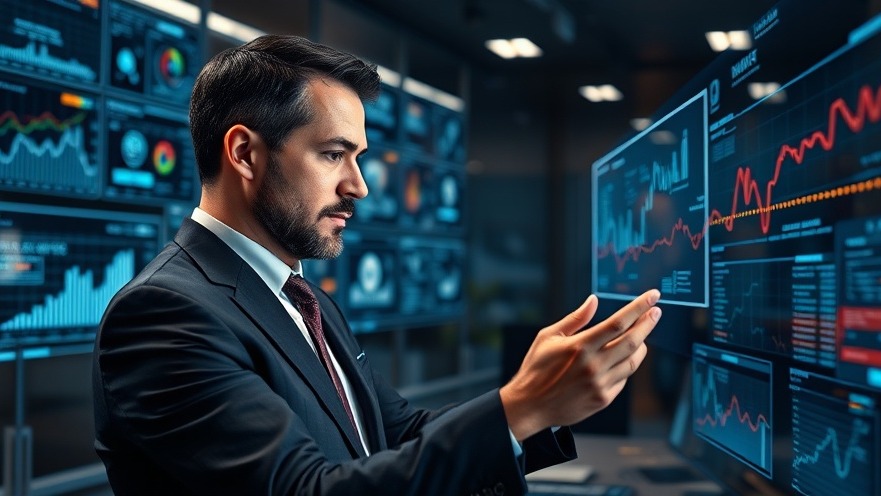 Futuristic businessman using Enterprise AI to analyze holographic data in a modern office.