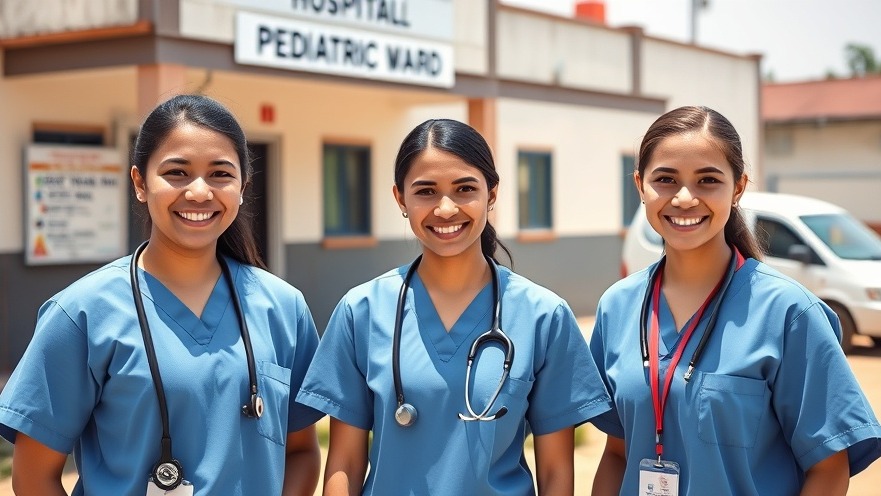 Medical students in scrubs promoting healthcare volunteering programs in a rural pediatric ward.