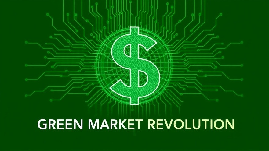 Modern ad promoting Impact Investment in Green Market Revolution with digital green circuit design.