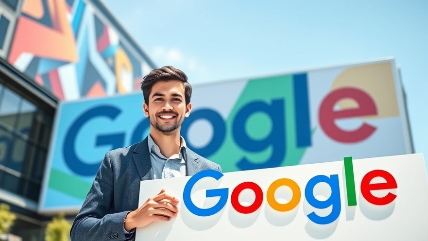 Confident professional with Google sign, showcasing AI strategy in modern architecture.