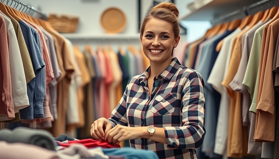 Woman folding clothes in a small shop with hanging garments.