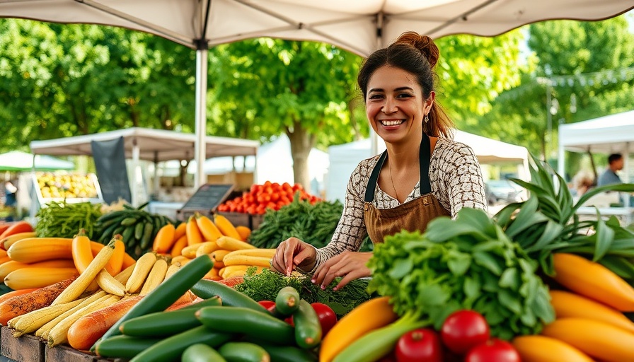 Engaging scene of a woman arranging vegetables at a market, representing regenerative returns in finance.
