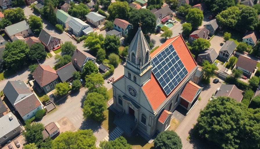 Aerial view of a church with solar panels, community solar financing.