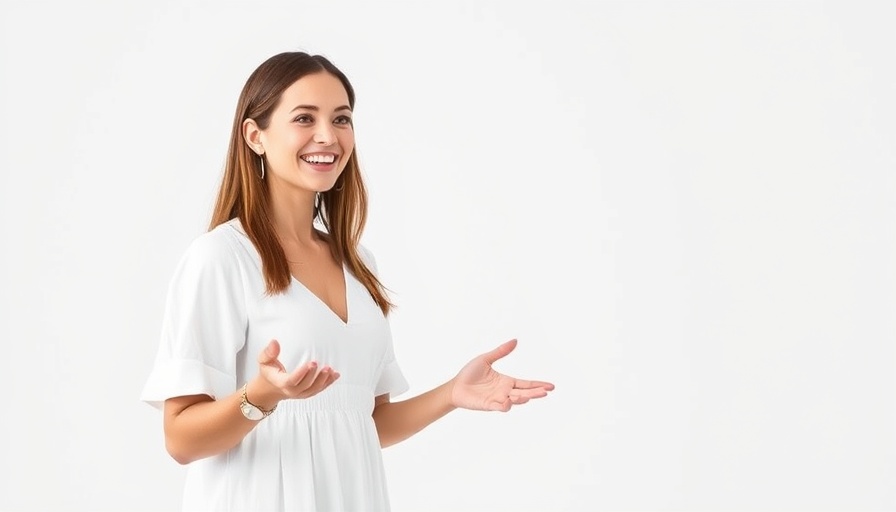 Professional woman smiling in white dress, minimalistic setting.