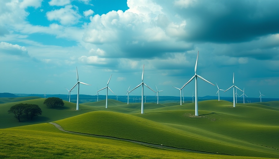 Wind turbines on hills under a blue sky, showcasing renewable energy and inclusive insurance business opportunity.