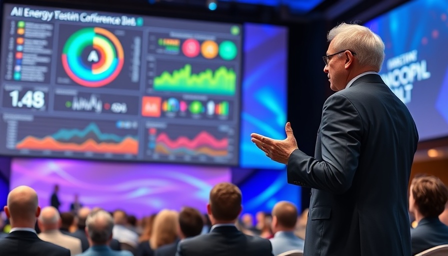 Conference presentation on AI and energy consumption with speaker and graphs.