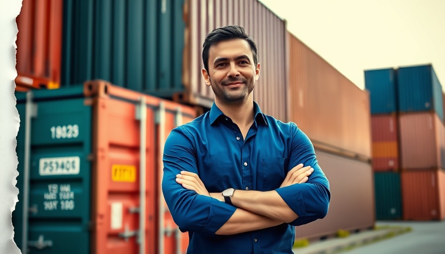 Mining’s Impact on Green Energy: Man in blue shirt by colorful containers with text overlay.