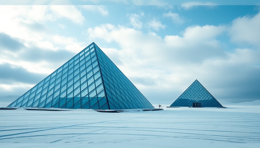 Futuristic glass pyramids in a snowy landscape under cloudy skies.