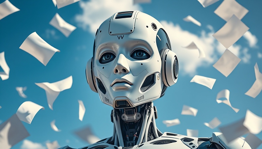 Futuristic AI concept with floating papers in blue sky.