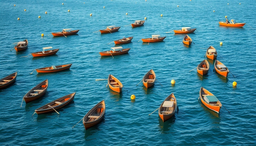 Numerous boats on a calm sea with blue water.