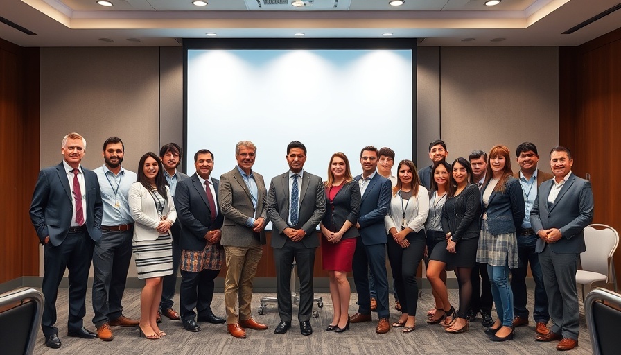 Professionals standing together at AI solutions presentation in the water industry.