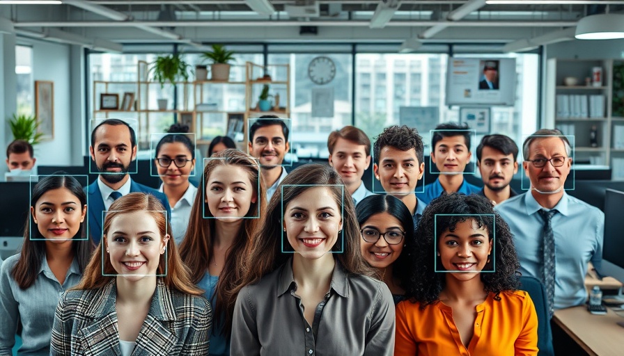 Office workers with labeled faces showcasing a face search engine.