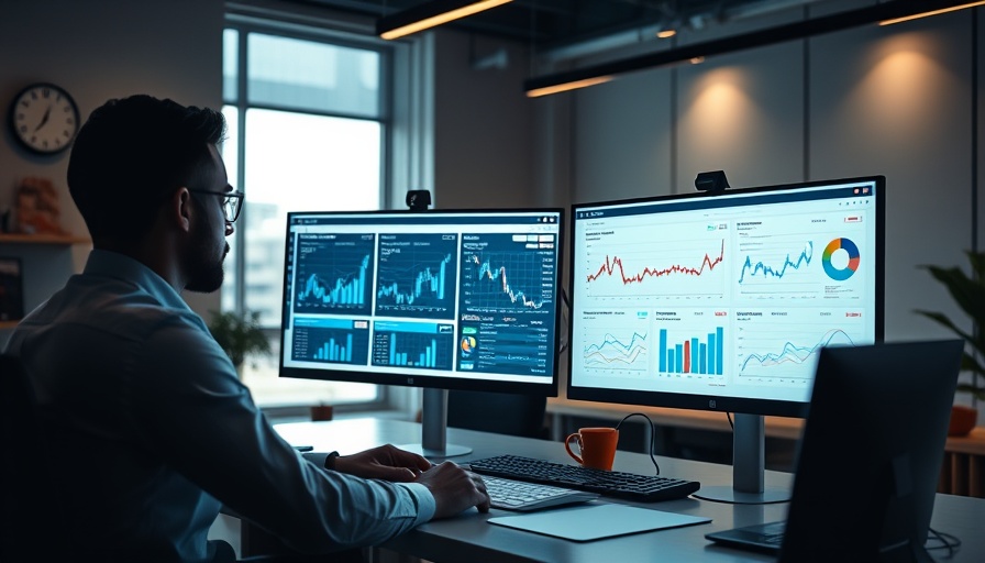 Modern workspace for A/B testing in search marketing, with data on screens.