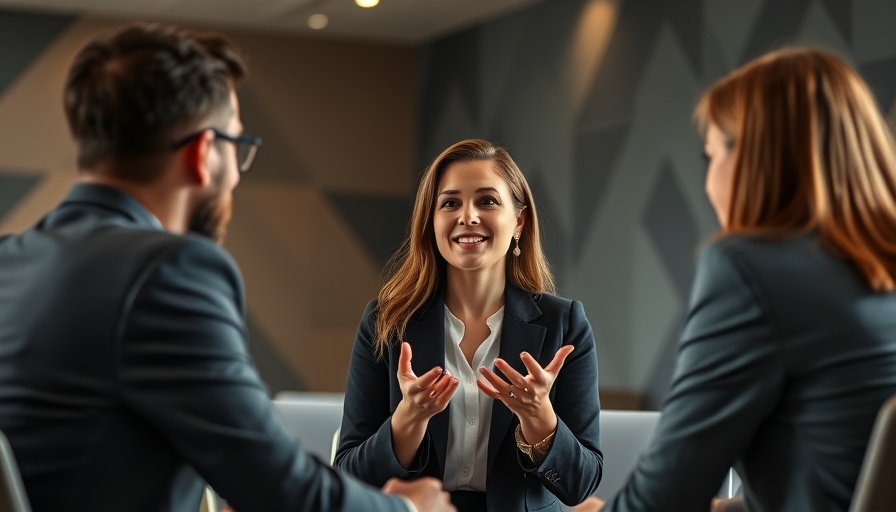 Confident businesswoman leading a meeting in modern office, AI for business.