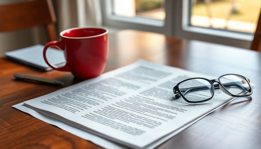 Press release with coffee and glasses on wooden table, AI for business concept
