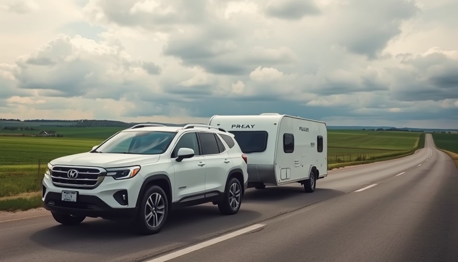 White SUV and trailer parked view under cloudy sky on highway.