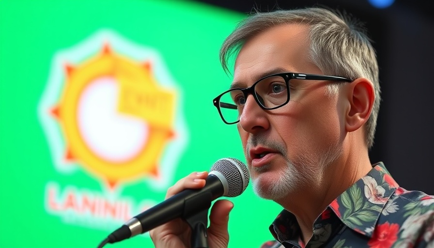 Middle-aged man speaking into microphone about podcast ending, event setting.