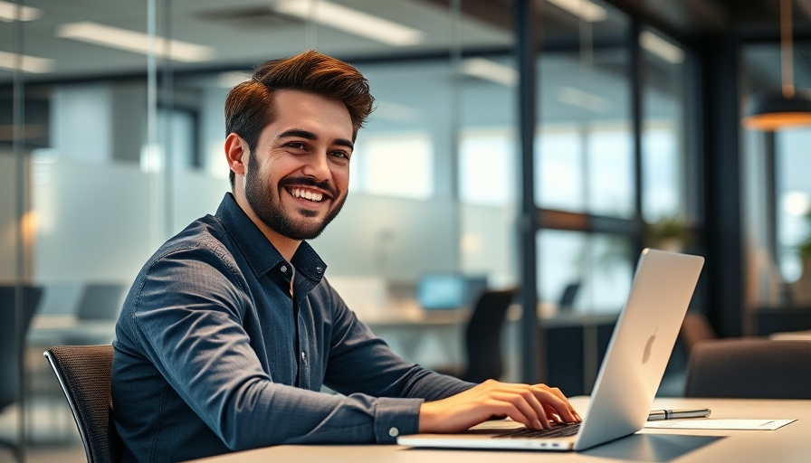 Young man with laptop discussing language models in an office.