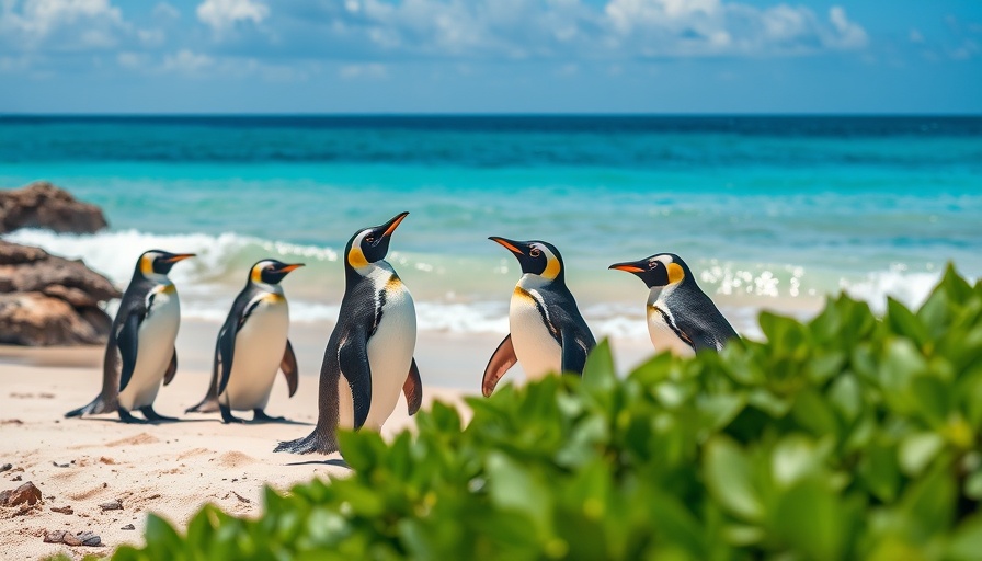Bleaker Island penguins on sandy beach, vivid coastal scene.