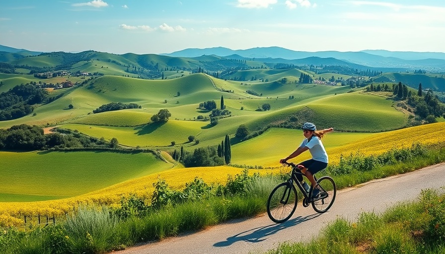 Cyclist on holiday in Italy, enjoying scenic ride through hills.